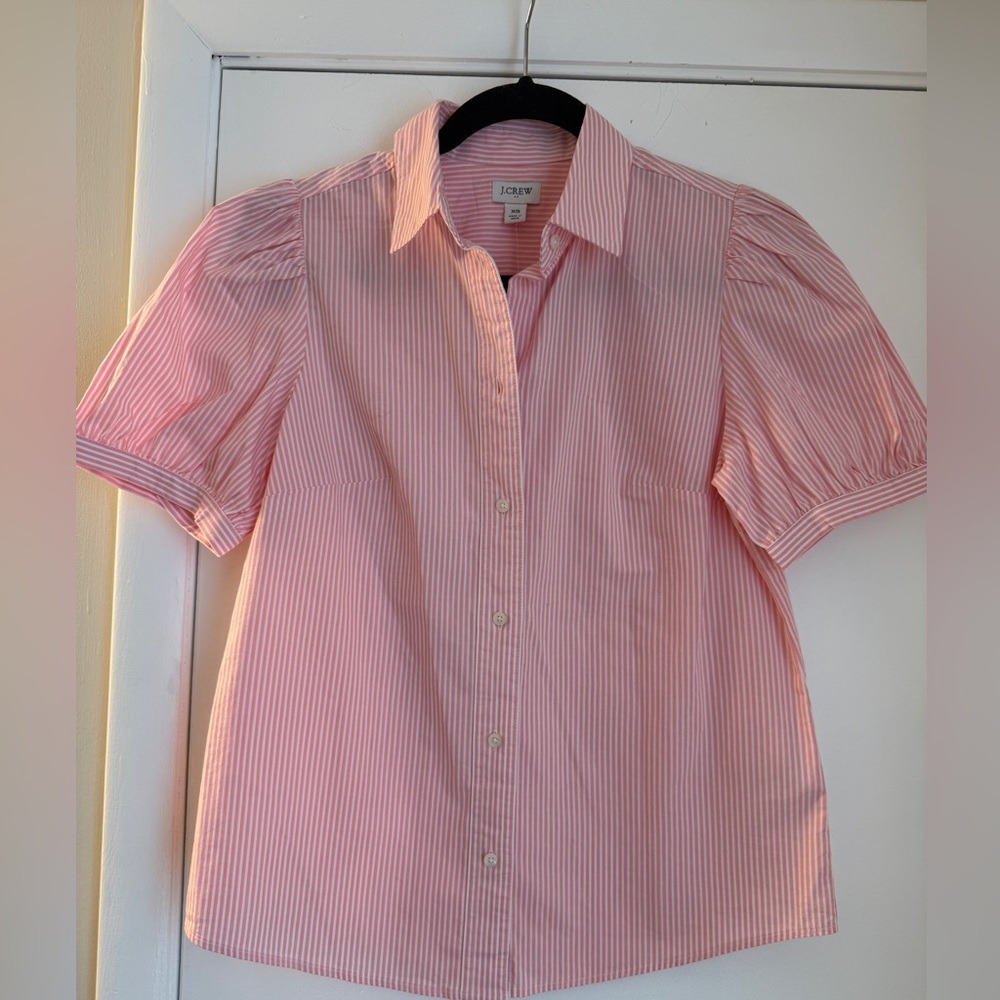 NWT JCrew Pink Stripe Puff Sleeve Button Shirt XS Great for layering